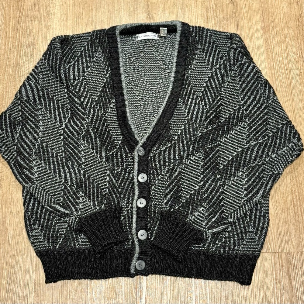 Vintage 80s Gray Striped Knit Cardigan Sweater